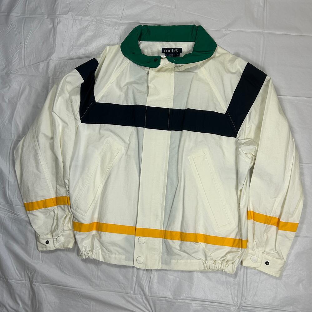 Vintage Nautica Men's Large Sailing Jacket White with Accents, Roll Away Hood - Picture 2 of 12